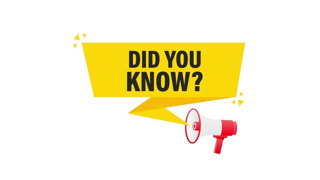 Did you know megaphone yellow banner in 3D style on white background. Motion graphics.