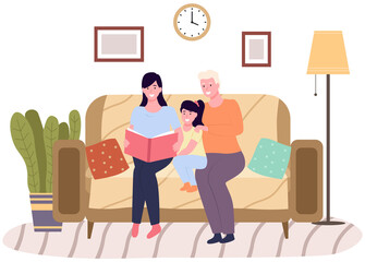 Mom with grandmother tell fairy tales to little girl. Mother reads book to her child. Family spends time together before bed. Parents and child reading literature. Women of different ages with book