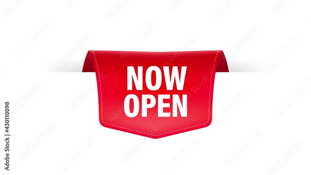 Poster now open red banner. label with text in flat style. motion graphics.