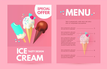 Realistic 3D Ice Cream Flyers Set. Creamy and Chocolate. Trendy Sweets. Gelato Advertising. Sweet Shop Ad