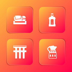 Set Stadium Mestalla, Orujo, Aqueduct of Segovia and Sangria pitcher icon. Vector