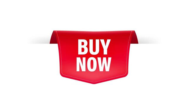 Red buy now ribbon on black background. Buy offer sticker. Motion graphics.