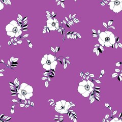 Rosehip flowers on a purple background. Seamless vector pattern for fabric.
