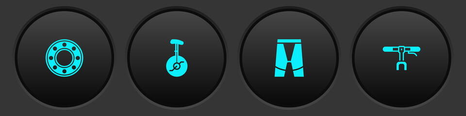Set Bicycle ball bearing, Unicycle or one wheel bicycle, Cycling shorts and handlebar icon. Vector © vector_v