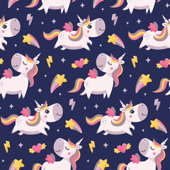 Seamless cute magical celestial vector pattern with unicorns, stars, sky, wings, hearts