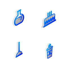 Set Isometric line Cake with burning candles, Test tube flask, Rubber plunger and Coffee cup icon. Vector