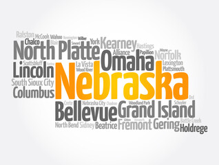 Fototapeta premium List of cities in Nebraska USA state, map silhouette word cloud map concept background