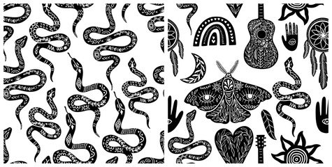 Seamless celestial pattern set, black-white boho symbols seamless pattern. Silhouettes of rainbow, guitar, moth, hand, snake, feather, dream catcher, moon, sun. Vector illustration in linocut style