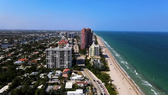 Beautiful aerial cinematic footage view of Central Beach in Fort Lauderdale