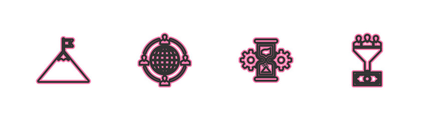 Set line Mountains and flag, Hourglass gear, Outsourcing concept and Lead management icon. Vector