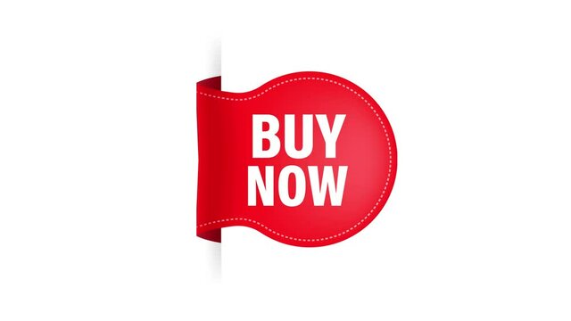 Red buy now ribbon on black background. Buy offer sticker. Motion graphics.