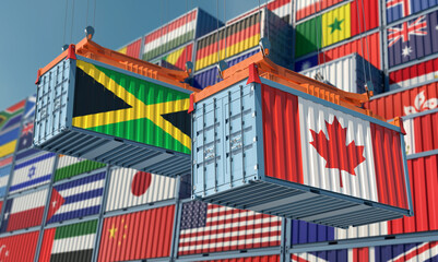 Freight containers with Canada and Jamaica national flags. 3D Rendering 