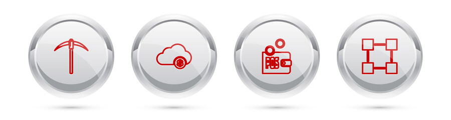 Obraz premium Set line Pickaxe, Cryptocurrency cloud mining, Proof of stake and Blockchain technology. Silver circle button. Vector