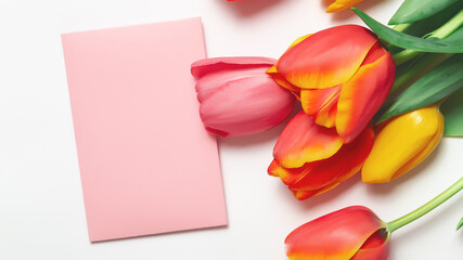 A bouquet of fresh tulips with envelope on a white background. Top view. Flat composition. Women lifestyle and holidays concept