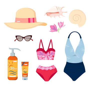 Set of beach things for women flat vector illustration. A collection of items for vacation or travel, decorated with tropical flowers. Two types of swimwear, glasses, hat, sunscreen, seashells.