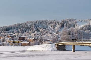 Winter view of Frösön Island and the frozen Storsjön Lake in Östersund