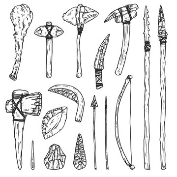 Prehistoric stone age tools and weapon set, sketch vector illustration isolated.