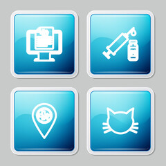 Set line Clinical record pet on monitor, Syringe with vaccine, Location veterinary and Cat icon. Vector