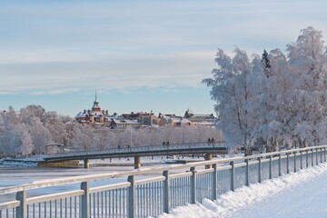 Winter view of the city center of Östersund as seen from the pedestrian bridge