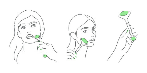 Beautiful woman with jade massage roller. Vector line art