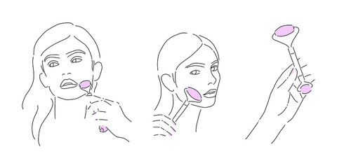 Beautiful woman with jade massage roller. Vector line art