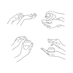 Hands with cream and lotion. Line art