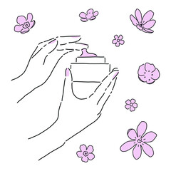 Cream applying. Beautiful woman hands with cream and flowers