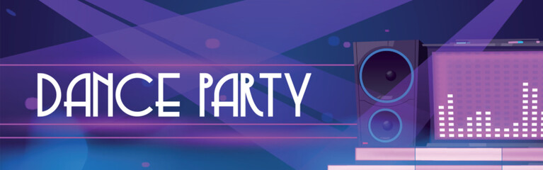Dance party flyer. Poster of night club event with dj music and discotheque. Vector cartoon illustration of dj console with sound speaker and pink neon light