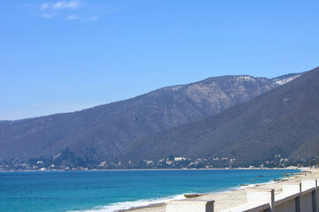 View from the embankment to the sea and mountains. Gagra, Abkhazia