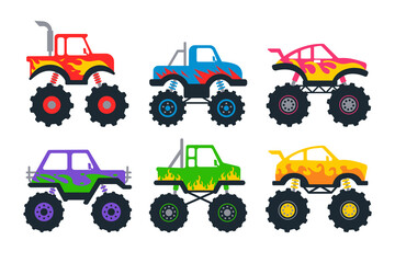Set of monster trucks. Vector pickup truck with big wheels Cartoon car design ideas for boys. © anuwat