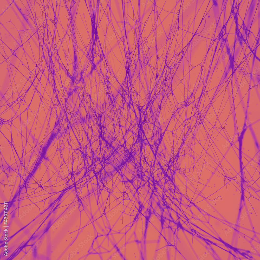 Poster cobweb surrounded by flying particles. abstract colored mystic backdrop. 3d rendering illustration