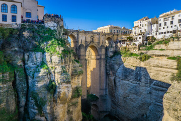 View on the "puente nuevo", the famous bridge of Ronda (Spain) spanning over El Tajo, a deep canyon that splits the city of Ronda into two (Spain)