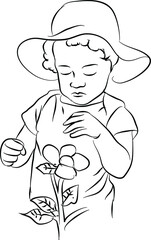 A little girl picking up a flower in a happy mood doodle style line art drawing 