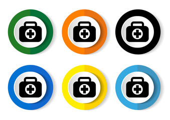 First aid vector icons, set of circle buttons in 6 colors options for web design and mobile applications