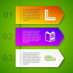 Set line Folding ruler, Open book, Tape measure and Hotel building. Business infographic template. Vector