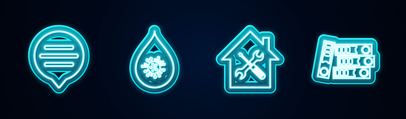 Set line Speech bubble chat, Dirty water drop, House service and Office folders. Glowing neon icon. Vector