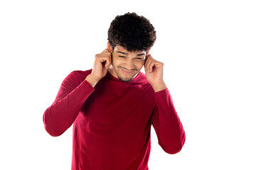 Cute african american man with afro hairstyle wearing a burgundy T-shirt