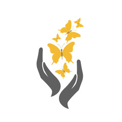 Hands and butterflies isolated on white background