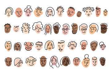 Abstract icon simple doodle avatar set. Woman, man, boy, girl, teenager face portrait, grandmother grandfather old, young man, hairstyle, african, asian, european, american. Vector illustration. - obrazy, fototapety, plakaty