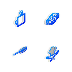 Set Isometric line Cooking soup in pot, Coffee cup, Frying pan and Chef hat and fork icon. Vector