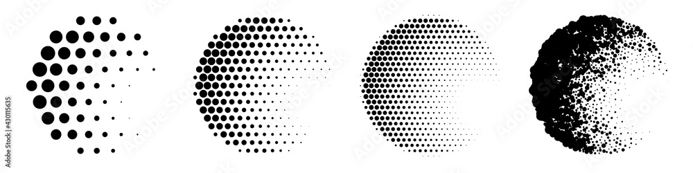 Poster circles with halftone pattern set. tone and shape gradation of black dots vector illustration. colle