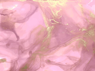 Pink watercolor fluid painting vector design card. Dusty rose and golden marble geode frame. Spring wedding invitation. Pink alcohol ink. Dye splash style. Vector