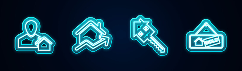 Set line Realtor, Rising cost of housing, House with key and Hanging sign Sold. Glowing neon icon. Vector