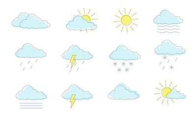 Weather icons set isolated on a white background. Collection of meteorological icons. Sun, clouds, rain, snow. vector illustration.