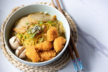 Egg Noodles and Fried Chicken with Fish Balls in Cups