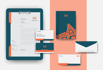 Corporate Brand Identity Mockup set with digital elements. Classic full stationery template design. Editable vector illustration. Letterhead, business card, envelop, Paper Clipboard Hardboard set.