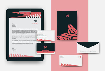 Corporate Brand Identity Mockup set with digital elements. Classic full stationery template design. Editable vector illustration. Letterhead, business card, envelop, Paper Clipboard Hardboard set.