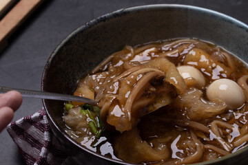 Braised Fish Maw in Red Gravy with eggs, mushroom ingredients, Chinese style soup