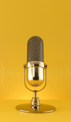 Gold microphone and sound wave on yellow background mobile vertical format. Creator content,...