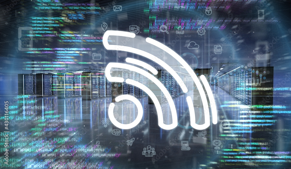 Poster wifi icon in a server room data center - 3d rendering
